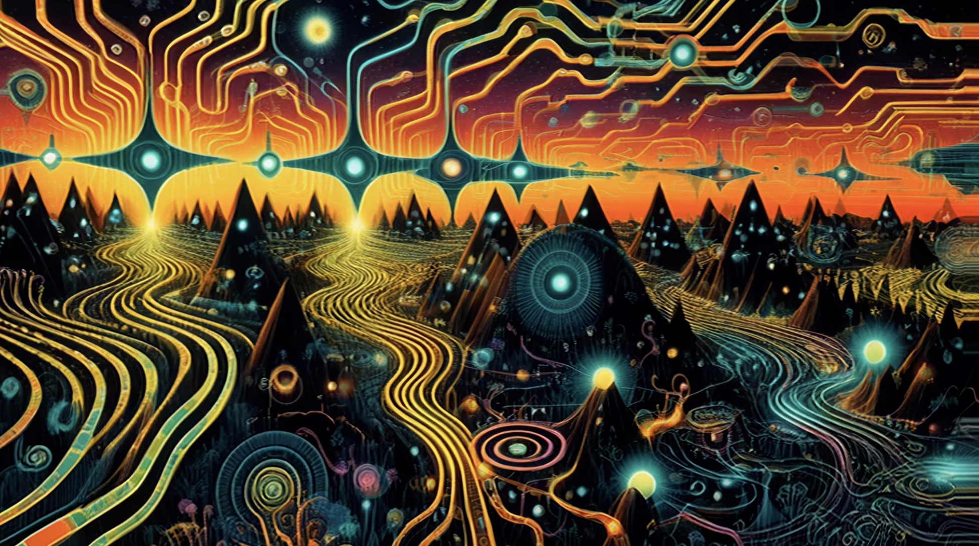 Glowing electric circuits spreading over a mountain landscape in a 4K trippy screensaver.